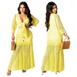 Work Dresses Yellow Two Piece Dress Set Long Sleeve Deep V Neck Tie Front Crop Top And Sexy Hollow Out Maxi Skirts Fashion Matching