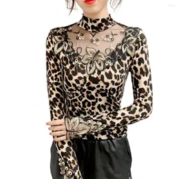 Women's Blouses Sexy Women Blouse Long Sleeve Shirt Leopard Print Leaf Embroidery Sheer Basic Tops Spring Autumn Xxxxl