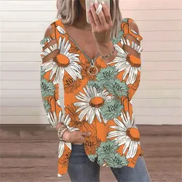 Kadın Tişörtleri Sonbahar Uzun Kollu Gömlek Kadınlar V-yakalı Omuz Çiçek Baskı Pamuk Fermuar T-Shirts Ladies Üstler Sıradan Gevşek Tees Top