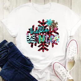 Women's T Shirts Female Short Sleeve Shirt T-Shirt Women Graphic Snowflake Letters Plaid Cute Merry Christmas Tees Clothing Print Tops