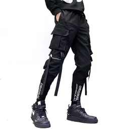 Men's Pants Hip Hop Men Ribbons Cargo Pants Fashion Harajuku Elastic Waist Casual Streetwear Mens Joggers Trousers Black 230220