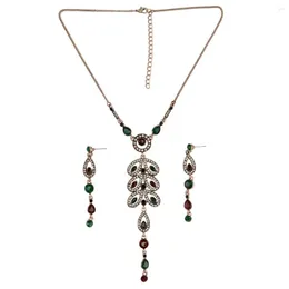 Anhänger Halsketten Bohemian Vintage Ethnische Blattform Halskette Kristall Strass Harz Quaste Frauen Ohrring Set Schmuck