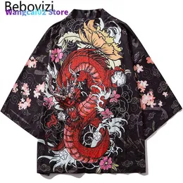 メンズジャケットBebovizi Japan Style Anime Dragon Printed Black Thin Imono Men Japonese Streetwear特大のロッセジャケットカジュアルアウター022023H