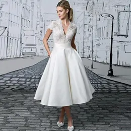 Wedding Dress Chic Short Sleeves Tea Length V Neck Lace And Satin Engagement Bridal Gown For Woman Customizable Vestido De Novia