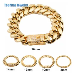 8mm 10mm 12mm 14mm 16mm 18mm Stainless Steel Bracelets 18K Gold Plated High Polished Miami Cuban Link Men Punk Chain Cubic Zirconi3109