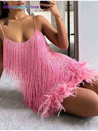 Casual Dresses Sexy Women's Fringed Sequin Feather Stitching Dress Summer Slim V-Neck Off Shoulder Dresses Female Backless Slip Mini Robe 022123H