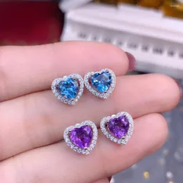 Dangle Küpeler Kalp tarzı mavi safir mor ametist taş kadınlar renkli takılar 925 gümüş doğal mücevher doğum günü hediyesi