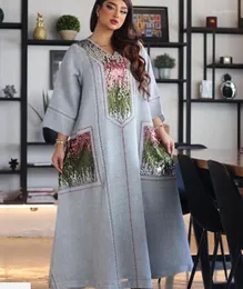 Ethnic Clothing 2023 Jalabiya Middle East Dubai Girls' Pearl Sequin Embroidered Robe Women's Muslim Dress For Ramadan Gray