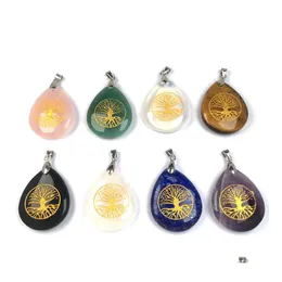 매력 자연 스톤 25x32mm 물 드롭 로즈 쿼츠 호랑이 아이 오팔 조각 생명 펜던트 나무 펜던트 DIY Reiki Healing Earrings Necklace DHHBL