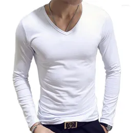 Erkek Polos Beyaz Düz Renk Temel İnce Erkekler T-Shirt Bahar Sonbahar Dip Gömlek Yuvarlak Boyun V yaka rahat üstler Uzun kollu gömlek