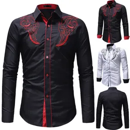 Men's Casual Shirts Mens Fashion Western Cowboy Embroidery Shirt Slim Fit Long Sleeve Button Down Dress 230221