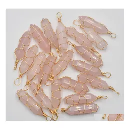 Ciondolo Gold Copper Filo in rame naturale Rosa quarzo Ametista Hexagonal Healing Reiki Point Pendants per gioielli Makin Mjfashion Drop D Dhr0f