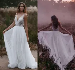 2023 Boho Brautkleider Brautkleid Deep V Hals Ärmel und Pailletten Tüll eine Linie Ruched Flecken bodenlange benutzerdefinierte Plus -Größe Country Beach Vestido de Novia