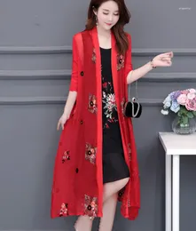 Kvinnors blusar 2023 sommar 3/4 ärm broderi chiffong kimonos kvinnor chinse stil röda skjortor lady plus lång topp