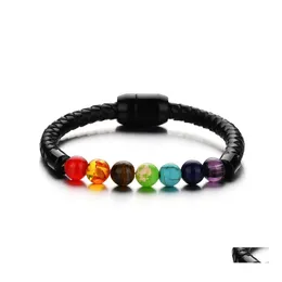 Bracelets de charme Mode Cuir Lava Chakra Pierre Perles Diffuseur D'huile Essentielle BraceletBracelet Noir Bracelets En Acier Inoxydable Pour Hommes Punk Dhatp