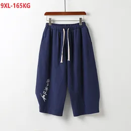 Männer Shorts Sommer Chinesischen Stil Männer Leinen Vintage Stickerei Plus Größe Tang-anzug Tees Übergröße 7XL 8XL 9XL Navy blueMen's