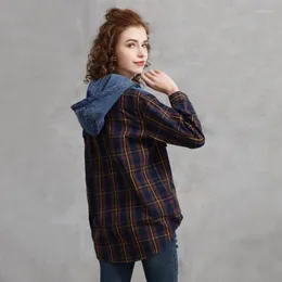 Frauen Blusen Frühling 2023 Einreiher Mit Kapuze Casual Strickjacke Retro Plaid Spleißen Temperament Langarm Bluse Frau 9285