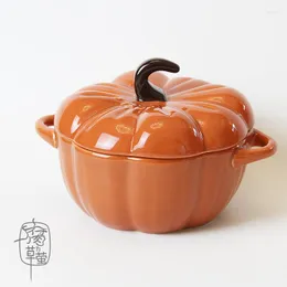 Tigelas 450ml Creative Creative Pumpked Ceramic Bowl com tampa de café com tampa de café Sopa de caneca de leite para café da manhã Presente de cozinha
