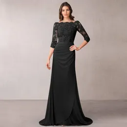 Sıradan Elbiseler Siyah Denizkızı Gelinin Annesi 34 Kollu Batall Boyun Düğün Ellikleri Dantel Aplikler Vestido de Fiesta Boda 230221