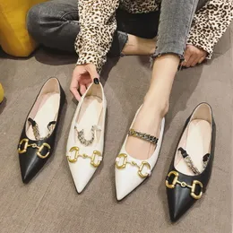 Brand Pointed Toe Women Shoes Spring Summer Trend Patent Leather Shoes Women's Fashion Chain Shallow Mouth All-match Flat Shoes