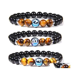 Beaded Strands 12 Zodiac Strand Bracelet Natural Tiger Eye Stone Couples Lovers Friendship Charm Bracelets Men Women Buddha Yoga Je Dhdcl