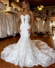 Party Dresses Luxury Mermaid Wedding Dress Spaghetti Strap Sweetheart Full Lace Bridal Clowns Sweep Train Open Back Applices Bride 230221