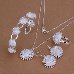 Necklace Earrings Set Fashion 925 Jewelry Silver Flower Bangle Bracelet Earring Ring For Women Ensemble De Bijoux 4pcs Factory Price