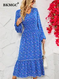 Vestidos casuais bkmgc azul hortelã verde solto manga curta cintura média v-pescoço a linha flor impressão elegante mulheres longo vestido de verão 2857 230221