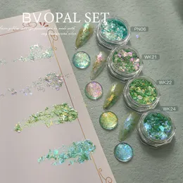 Glitter per unghie HNDO Colore verde 4 pezzi Set Polvere di opale Glitter Decorazione per nail art Fiocchi Polvere di pigmento iridescente per design manicure 230220