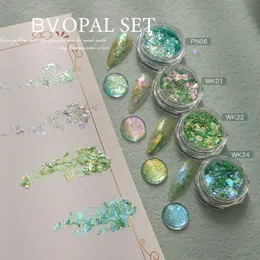 Nail Glitter HNDO Green Color 4 Pcs Set Opal Powder Glitter Nail Art Decoration Flakes Iridescent Pigment Dust for Manicure Design 230220