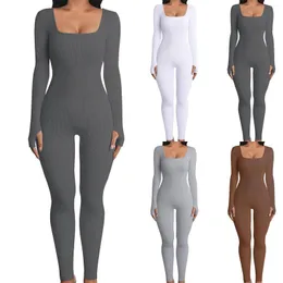 Zweiteiliger Damen-Hosen-Overall, gerippter Strick-Langarm-dünner Strampler, Sport-Yoga-Spielanzug, einfarbig, figurbetonter Body mit Rundhalsausschnitt