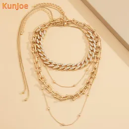 Łańcuchy Kunjoe 4pcs/zestaw kubański link naszyjnik moda biżuteria na szyję hip -hopową biżuterię dla kobiet Bling mrożony pełny raper rhinestone