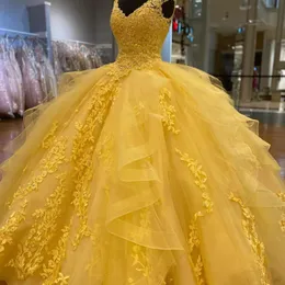 Party Dresses Yellow Quinceanera Beading Sequined Appliques Bow Tulle Bridal Ball Gown Princess Kjol Prom Dress Robes de 230221