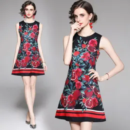 Casual Dresses Summer Vintage Pomegranate Floral Randig Print Crew Neck Sleeveless Women Party Evening Mini Vest Shift Dress