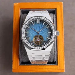 Часы с бриллиантами Мужские часы 41 мм Часы с турбийоном Полые автоматические механические часы Серебряный ремешок с сапфировым стеклом Нержавеющая сталь Водонепроницаемы Montre De Luxe