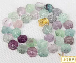 Chains 17" 12mm Natural Multicolor Flower Carven Fluorite Beads Strand Necklace J9757