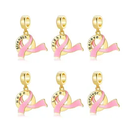 Charms Top Quality Nastro rosa Ciondoli fortunati Perline Simbolo Speranza Credi Amore Golden Fit Braccialetto europeo originale Gioielli fai da te Dh81N