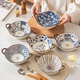 Miski podwójnie ucha duża miska zupa japońskie retro nieregularny kształt ceramiczny ramen sałatka porcelanowa zastawa stołowa domowe zapasy kuchenne