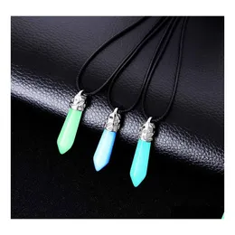 Pendant Necklaces Fashion Luminous Stone Fluorescent Hexagonal Column Druzy Necklace Natural Crystal Gem Leather Chains Drop Deliver Dhqj7