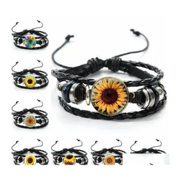 Braccialetti di fascino Girasole Tempo Gemma Bracciale intrecciato in pelle Nero Mtilayer Corda di cera per donna Uomo Gioielli Drop Delivery Dhg8C