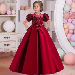 Flickans klänningar 2023 paljetter Flower Kids Party Dresses For Girls Children Come BridEMaids Princess Dress Girl Wedding Puff Sleeve Gown 5-14 Y W0221