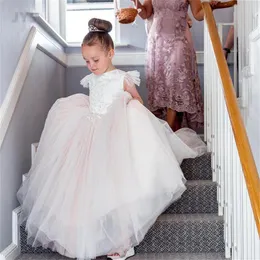 소녀 드레스 Jys 레이스 핑크 빈티지 꽃 깎아 지른 목이 긴 소매 작은 결혼식 친교 대회