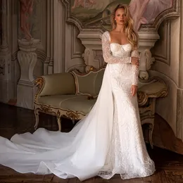 Elegante Meerjungfrau-Brautkleider mit langen Ärmeln, herzförmiger Spitze, Applikationen, Pailletten, Perlen, bodenlang, abnehmbare Schleppe, elegante Brautkleider in Übergröße abiti da sposa