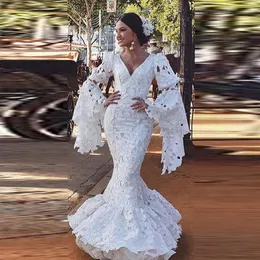 Retro -Palast Krokett Spitze Meerjungfrau Abendkleider weiße Flare Langarm Vestidos Flamenca Spanien Prom Kleid Kleidung