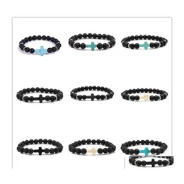 B￤rade str￤ngar 8mm svarta stenp￤rlor korsar charm elastiska str￤ngarmband armband f￶r kvinnor m￤n smycken droppleverans armband dhgry