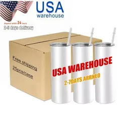 US STOCK 20oz Blanks Sublimation Tumbler Stainess Steel Coffee Tea Mugs Insulted Water Bottles With Plastic Straw And Lid tt0221