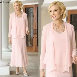 Blush Pink Guaina Abiti per la madre della sposa con giacca a maniche lunghe Tre pezzi in chiffon Lunghezza alla caviglia Abito da cerimonia formale per la madre dello sposo per matrimonio CL1885