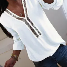 Damesblouses Grote maten pailletten chiffon boho blouse dames effen kleur v-hals lange mouw casual losse tee kantoor dames streetwear-shirt