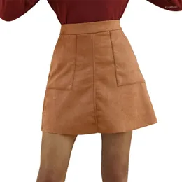 Skirts High Waisted A-Line Solid Color Flared Hem Slim Mini Skirt With Pockets