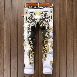 Herren Jeans Herren Slim Print Mode Blume Gerade Weiße Denim Hosen Lange Hosen Asiatische Größe Drak22